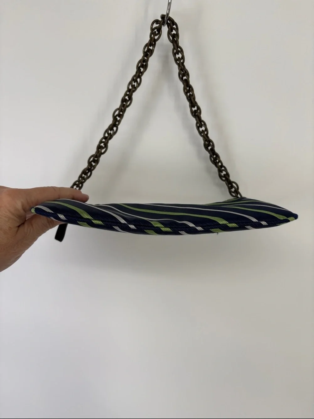 🗄️ J. Crew silk Navy Blue and Lime Green Striped Mini Bag with Chain Strap